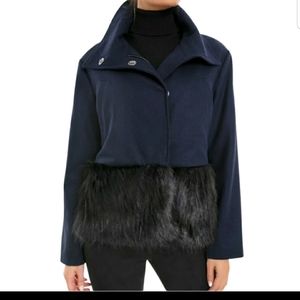 Tuckernuck Maxwell Wool Blend Navy Blue Fur Trim Jacket Womens